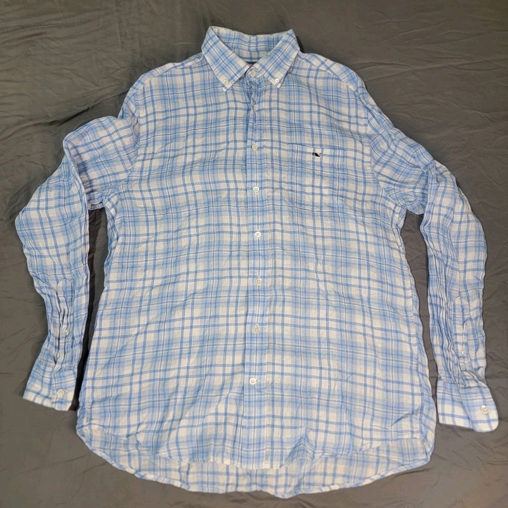 Vineyard Vines Linen Shirt Men's Size Large Blue Long Sleeve Button Up Plaid - Picture 2 of 5